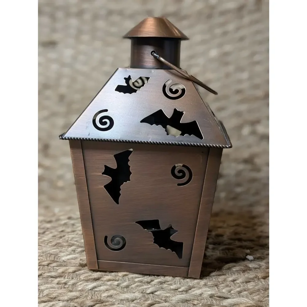 Halloween Lantern Tea Light Holder Metal Bronze Toned Pumpkin Bats